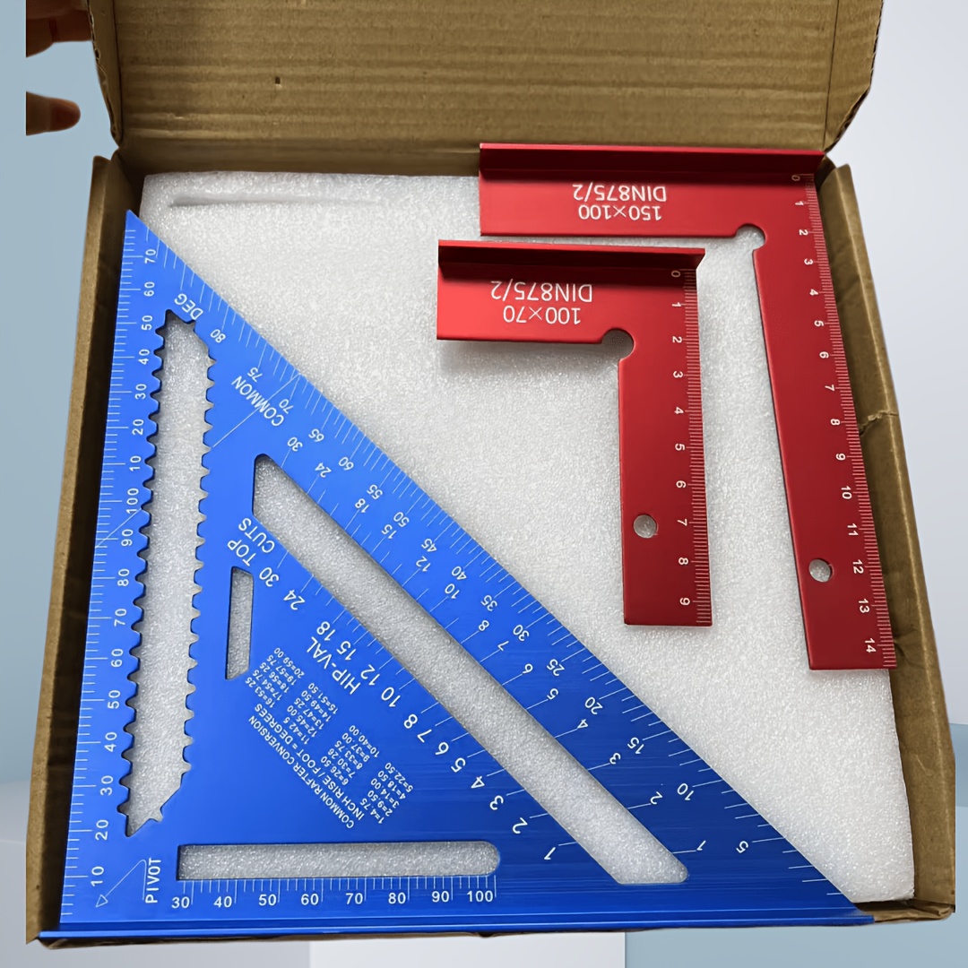 TEMU Kit de mesure pour , jeu d'équerres d' 150x100mm & 100x70mm + équerre d'angle rapide triangulaire, rapporteur multifonctionnel marqué à 45° 90°,