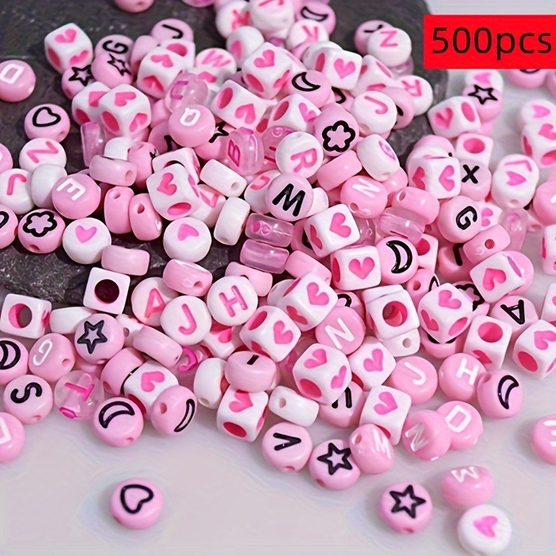 TEMU 500pcs Multicolor Acrylic Heart-shaped Beads Compatible For Making - 4x7mm & 6x6mm Small Letter Beads For Bracelets, Necklaces, Phone Crafts -