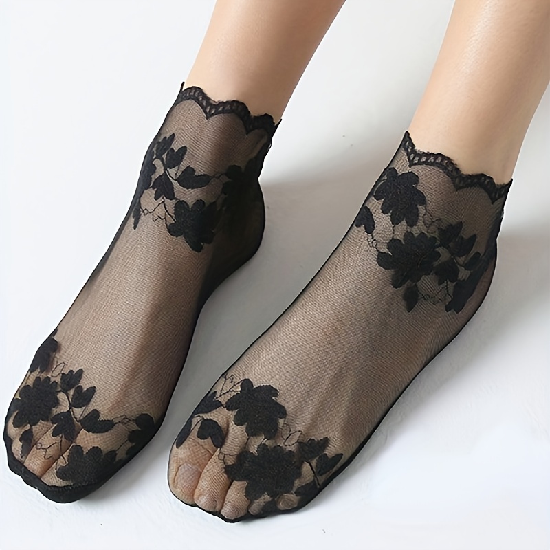 3 Pairs Women'S Summer Sheer Lace Ankle Socks - Black Floral Pattern, Breathable Mesh Fabric, Solid Color Design, Hand Washable, Elegant Footwear Accessories for Casual Attire, Cute Socks