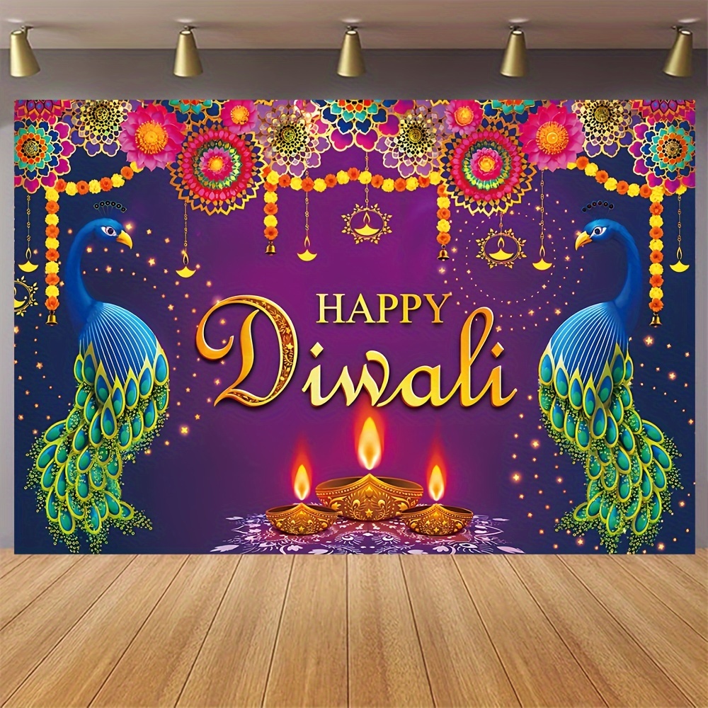 

Happy Diwali Peacock Chandelier & Flame Basin Vinyl Backdrop - Perfect For Holiday Parties, Wall Decor & Photography, No Power Needed - Available In 2 Sizes