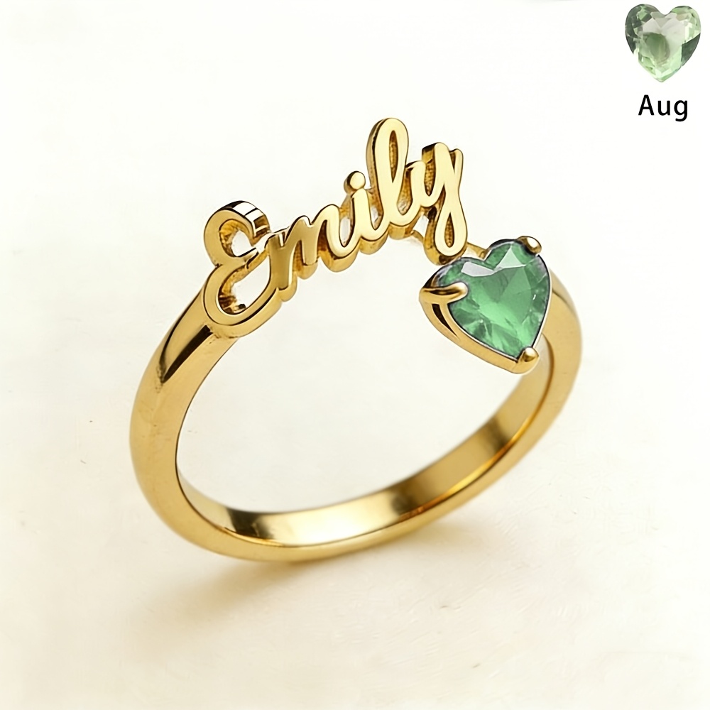 TEMU Custom Birthstone Golden Name Ring, Personalized Heart Birthstone Ring, Stainless Steel Elegant Nameplate , Best Birthday Gift, Birthstone