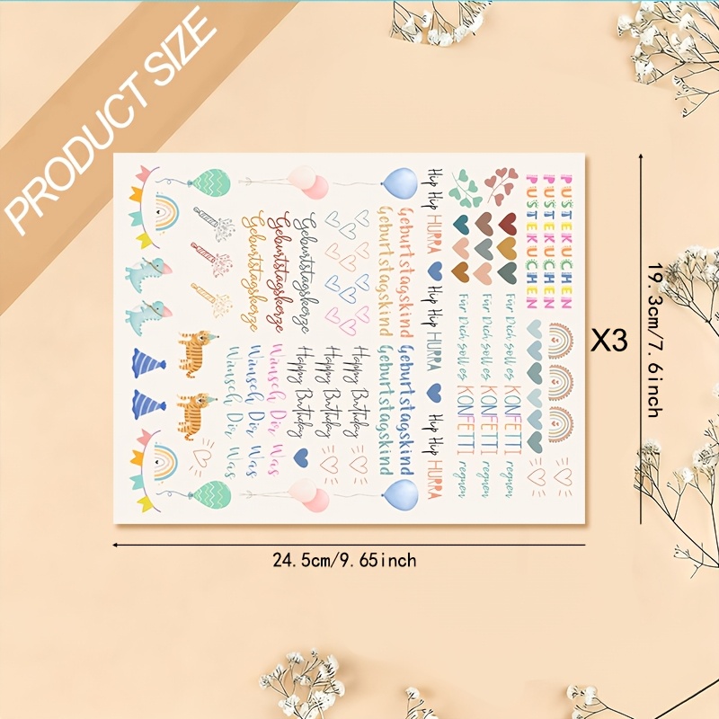 Image of 3pcs Of Colorful Transfer Paper For Birthday Decorations In German, Featuring Cute Elements Like 'blow Out The Cake' And Other Birthday Phrases. Suitable For Glass Night Lights, Wooden Ornaments