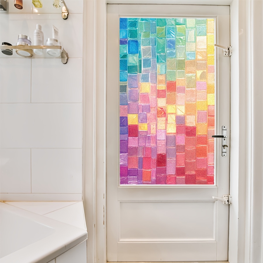 TEMU 1pc Glass Sticker Colorful Sunshine Pattern Dopamine Square Mosaic Flower Arrangement Design Pvc Electrostatic Adhesive Window Film Removable