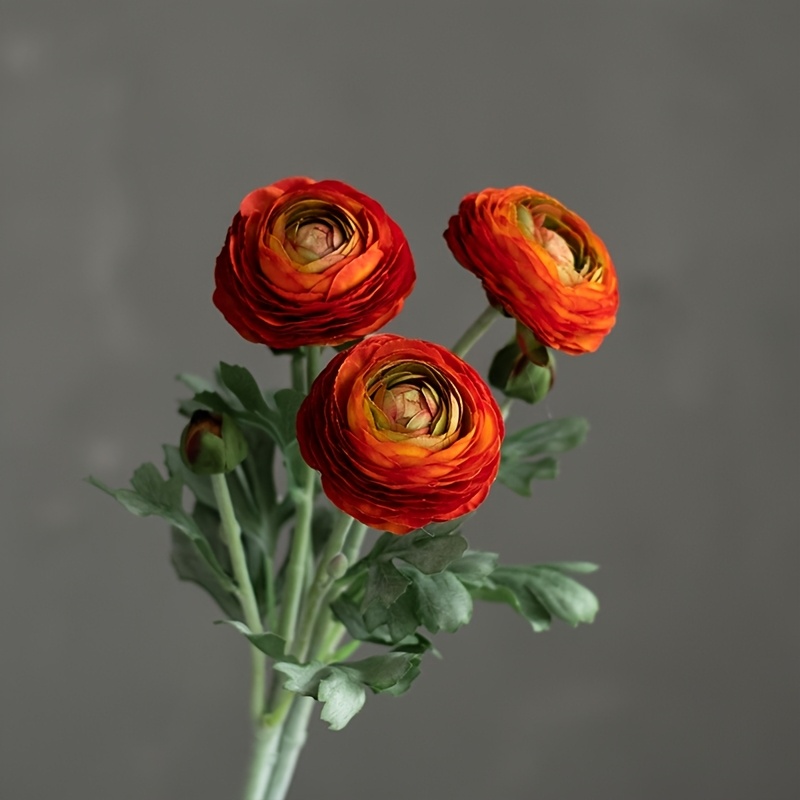 TEMU 3pcs, Rose Red Orange Ranunculus Artificial Flowers, Artificial Fake Ranunculus Flowers, With Real Touch Stems, Fake Peony Fake Lotus Flower