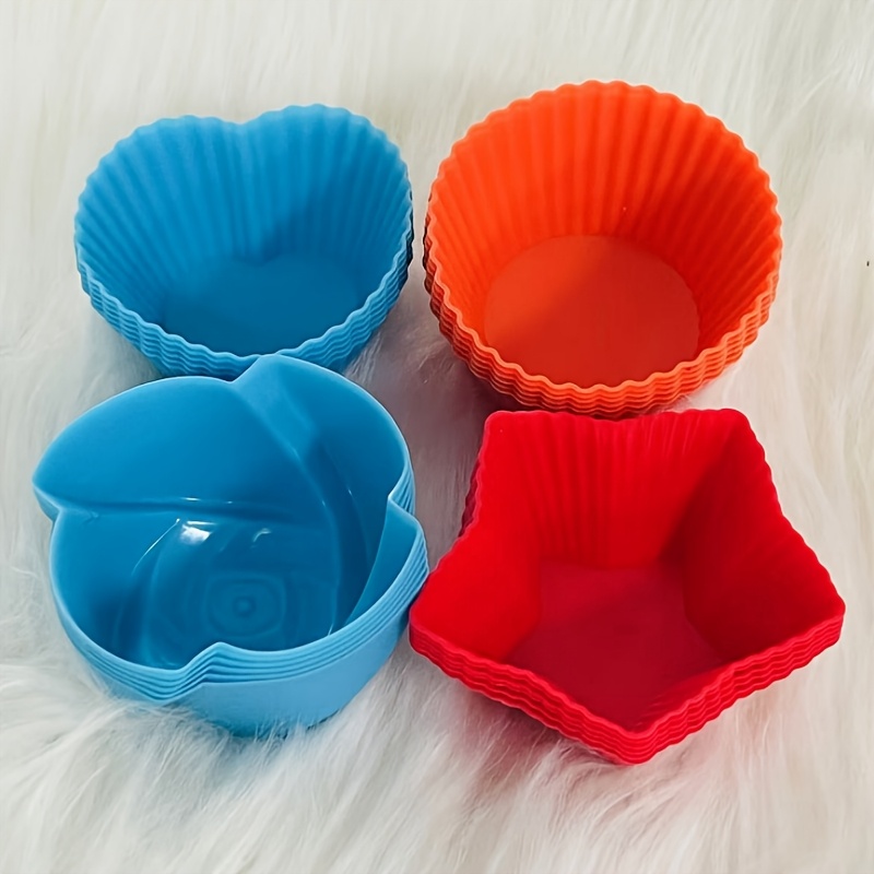 TEMU [popular ] 24pcs Reusable Silicone Cupcake Liners - Nonstick Baking Cups In 4 Shapes: Round, Stars, Heart, Flowers - Easy Clean Pastry Muffin Molds, Pastry Crafting| Kitchenware|nonstick Liners