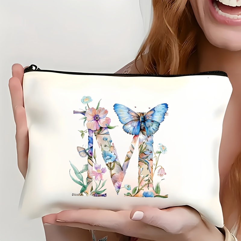 TEMU ["Trousse de Cosmétique Femme] Papillon Floral Aquarelle Imprimé Fermeture Éclair Clutch Multifonctionnelle, Design Floral et Papillon en Encre