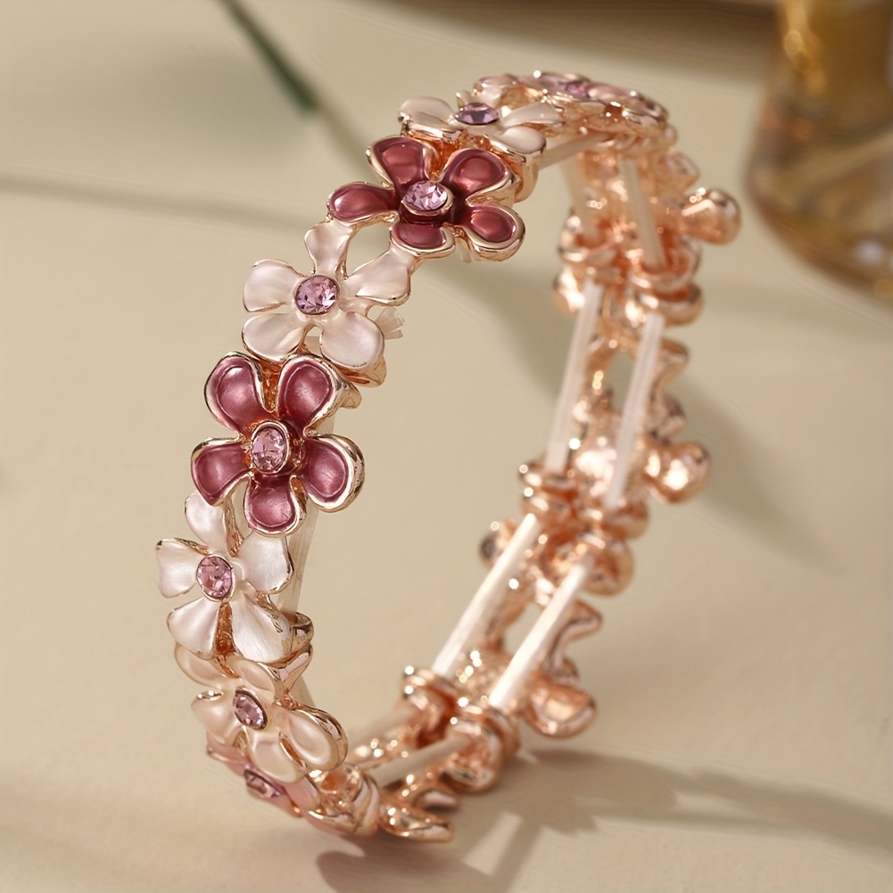 E-shop modisches, elegantes elastisches Armreif-Armband mit rosa Blume für Damen, Accessoires, Frühling Sommer, neuer trendiger roségoldener Armreif,