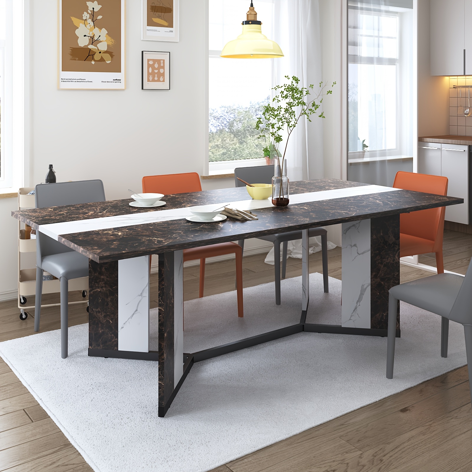 Waterproof and Scratch-Proof Dining Table - Luxurious 71-Inch Large Rectangular with Marble-Color Wood Top - Adjustable V-Shaped Legs for 4-7 People - Ideal for Family Dinners, Office, Kitchen, Living Room