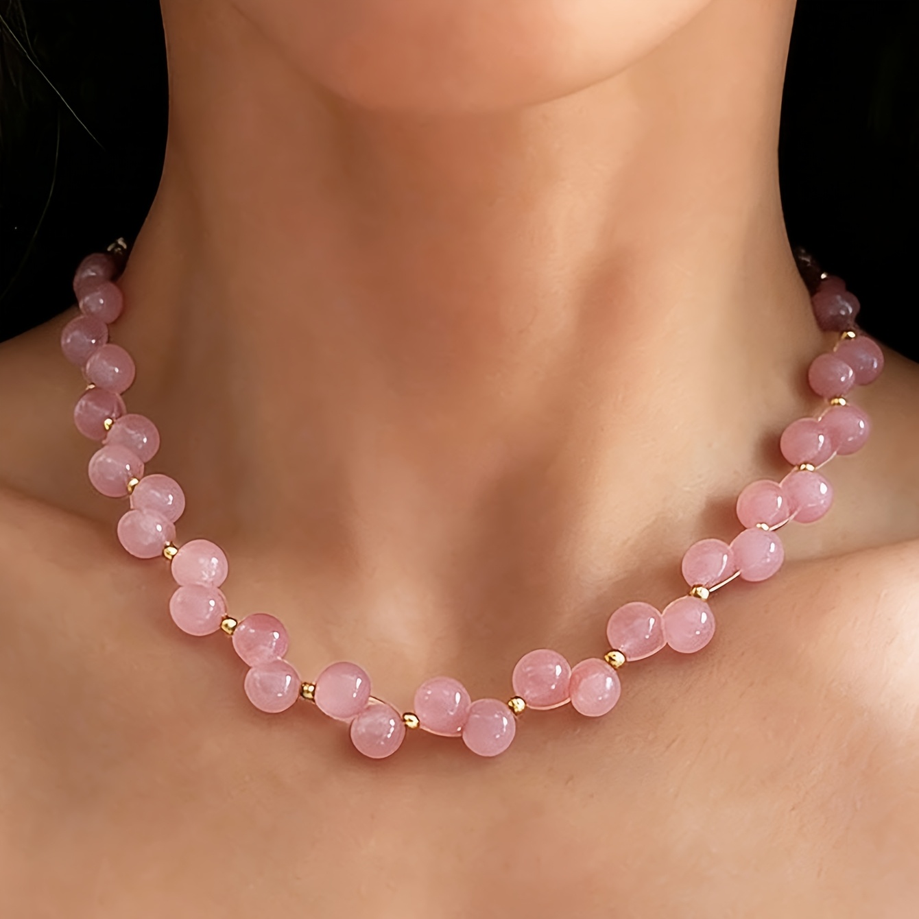 TEMU Elegant Rose Quartz Necklace: Handmade Rose Quartz Necklace, Pink Gemstone Necklace, Birthstone, Exquisite Everyday Necklace