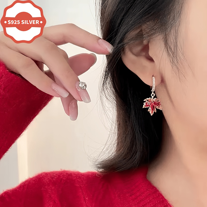 925 Silver Hypoallergenic Red Maple Leaf Dangle Earrings, Stylish Gift
