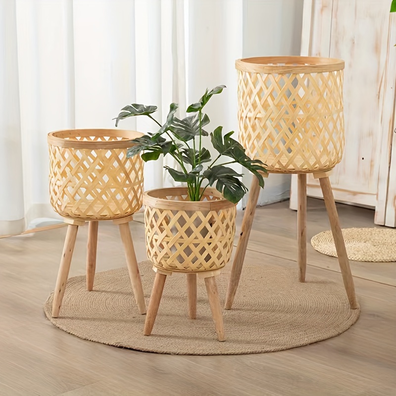 Supporto per Vaso per Piante Intrecciato in Bambù con Gambe in Legno, Vasi da Fiori per Cestini in Rattan per Interni, Supporto per Piante da Interno Intrecciato Supporto per Piante in(Cachi L