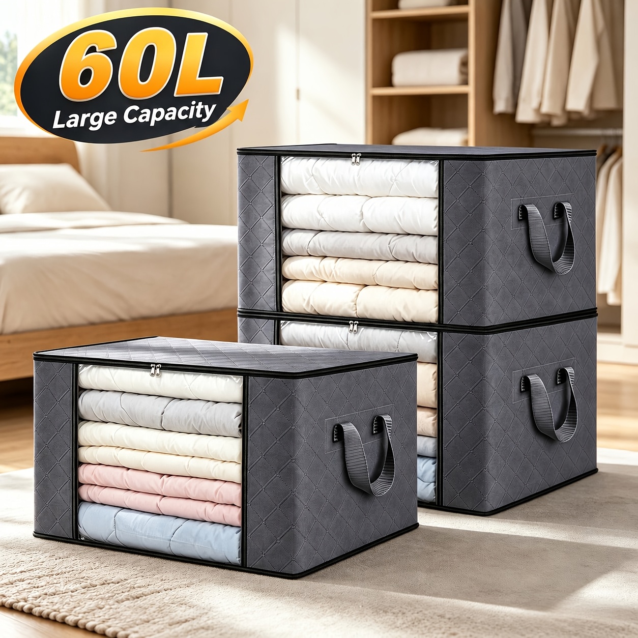 TEMU 6/3-pack 23.78/9.25-gallon Large Capacity Storage Bags Closet Organizers And Storage Clothes Foldable Storage Bins With Reinforced Handles