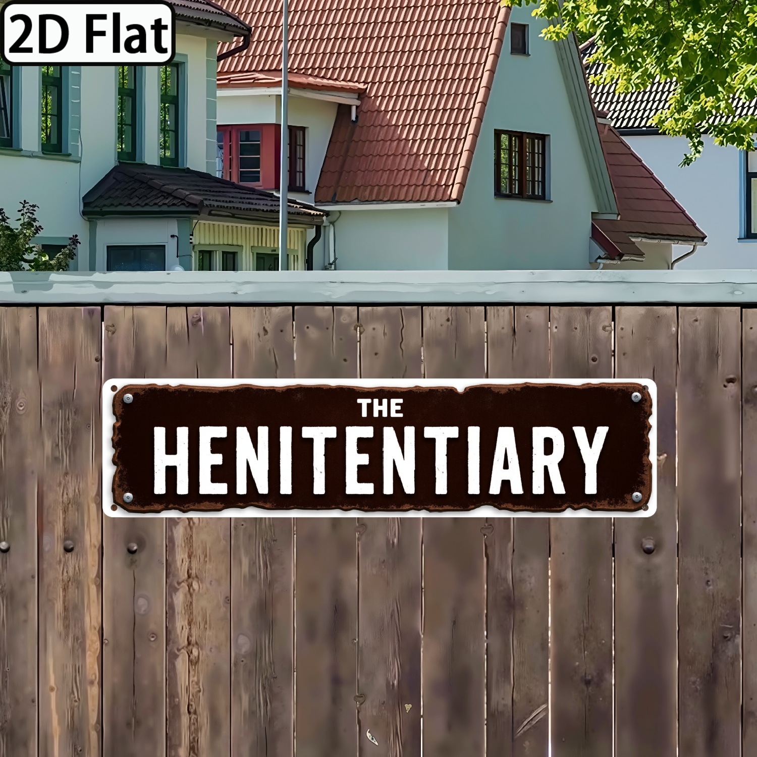 TEMU 1pc 'the Henitentiary' Vintage Aluminum Sign, Wall-mounted Chicken Coop Jail-themed Decoration, Distressed Brown End, Weather-resistant Aluminum