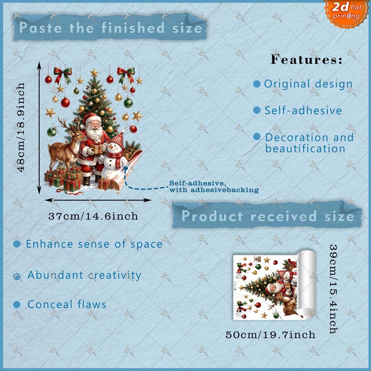 TEMU 2d Flat, 1pc 2d Flat Printed Christmas Christmas Tree Santa Reindeer Snowman Gift Hanging Baubles Bow 40*50cm Window Clings Diy Self-adhesive