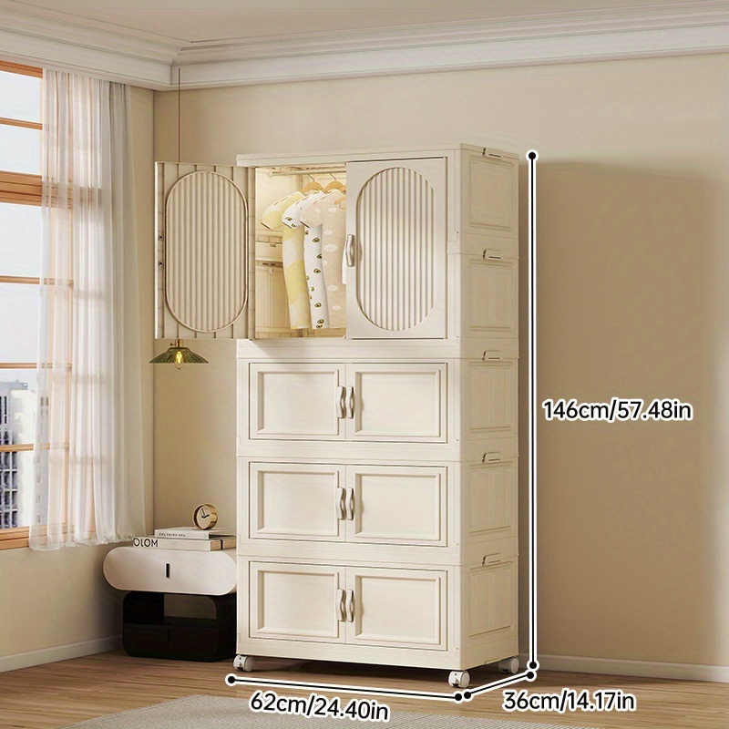 modern magnetic foldable storage cabinet 62cm tall x 36cm wide white plastic multi purpose organizer with hanging rod for bedroom living room kitchen easy assembly snack cabinet bedroom organizer   magnetic closure 0