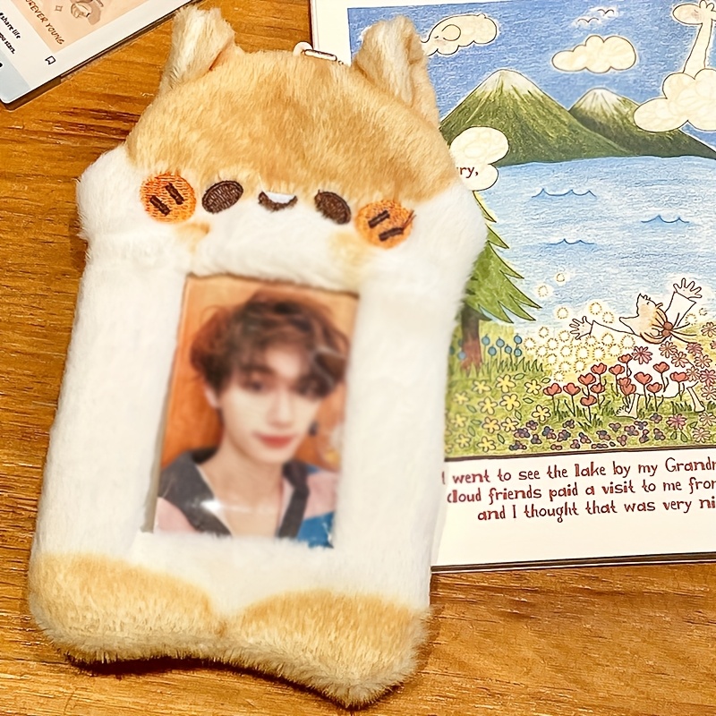1 cute white squirrel shaped plush card holder with small brown ears - soft cartoon-inspired design for work passes, dining and transportation cards - rear opening protective cover
