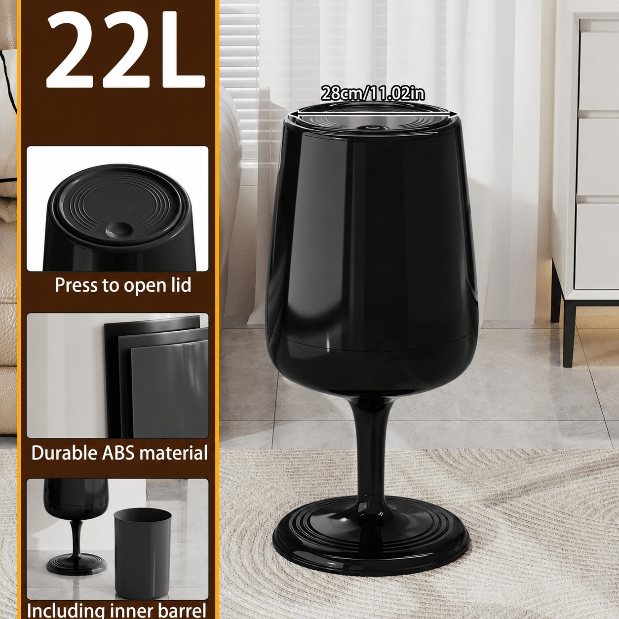 TEMU Poubelle de 22L de gobelet avec couvercle à pression et seau intérieur amovible, corbeille à pédestal décorative pour cuisine, salle de bain,