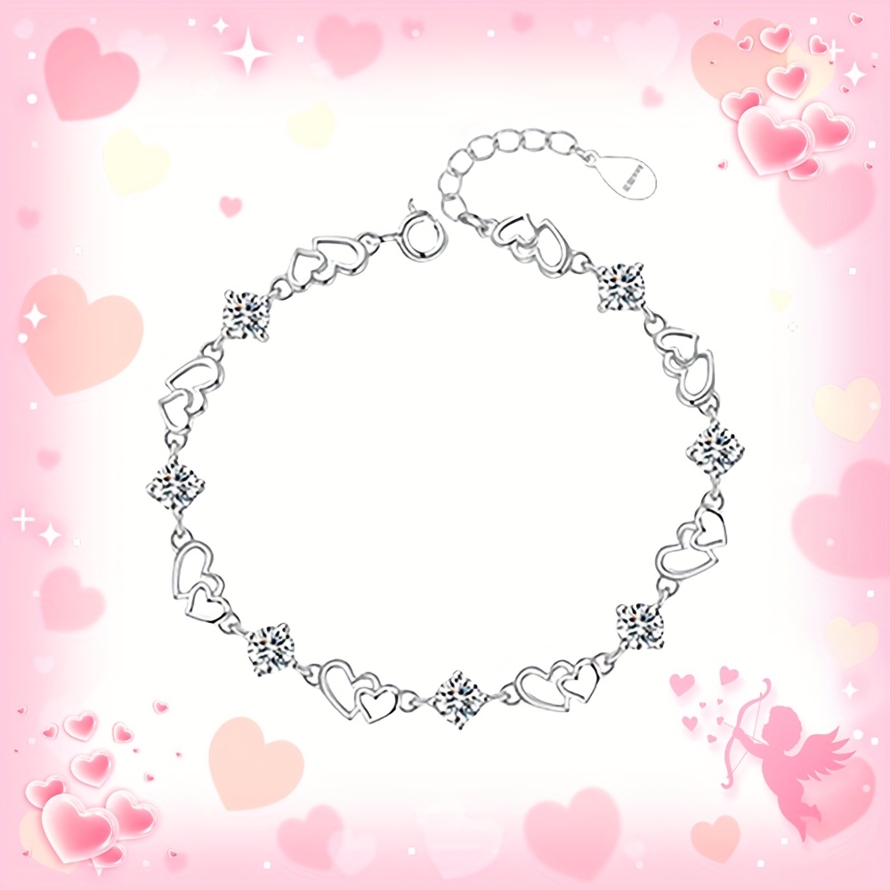 TEMU S925 Sterling Silver Bracelet, Heart-shaped Moissanite Decor, Elegant & Fashion Bangle, Engagement, Wedding, Love , Gift For Women, Valentine's Day Essential