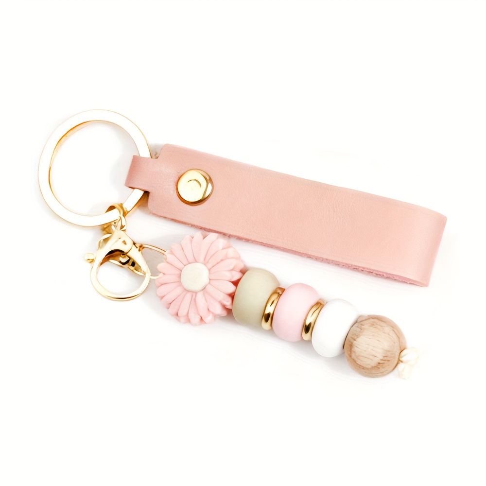 TEMU 【商品名】人工皮革の花が飾られたビーズ付きキーホルダー。手作りプレゼント、へのギフト、、誕生日、卒業式に最適。ハンドバッグ、ドール、バックパックの装飾にも。