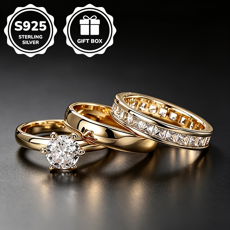 Image of 3pcs Set S925 925 Silvery Plated Luxurious 3pcs Set Synthetic Cubic Zirconiaia Ring, Proposal Engagement, Unisex, High-quality Jewelry, Suitable For Daily Casual Wear And Banquet Parties