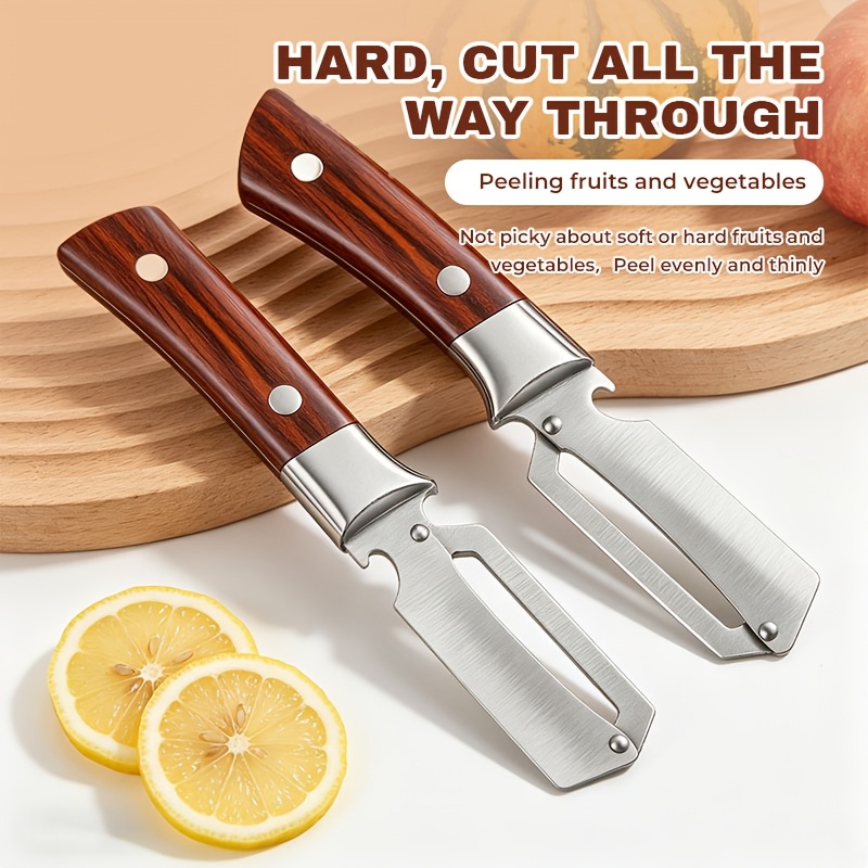 2pcs High-quality Stainless Steel Peeler, With Bottle Opener Function. Sturdy Wooden Handle, Suitable For Cutting And Peeling Fruits And Vegetables. Multi-functional Kitchen Tool