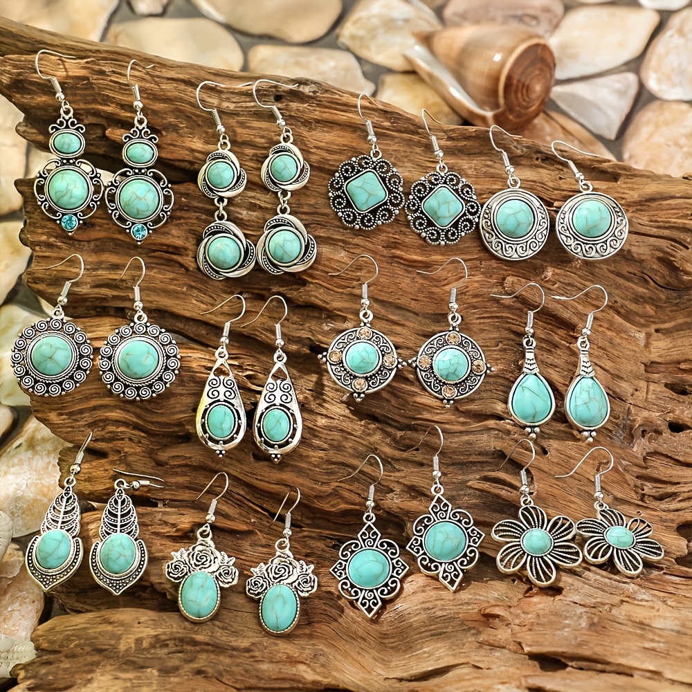 12pcs Bohemian Turquoise Earring Set Exquisite, Fashionable, And Minimalist For Women's Casual Attire, Vacations, Parties, And Holidays Ideal Gift