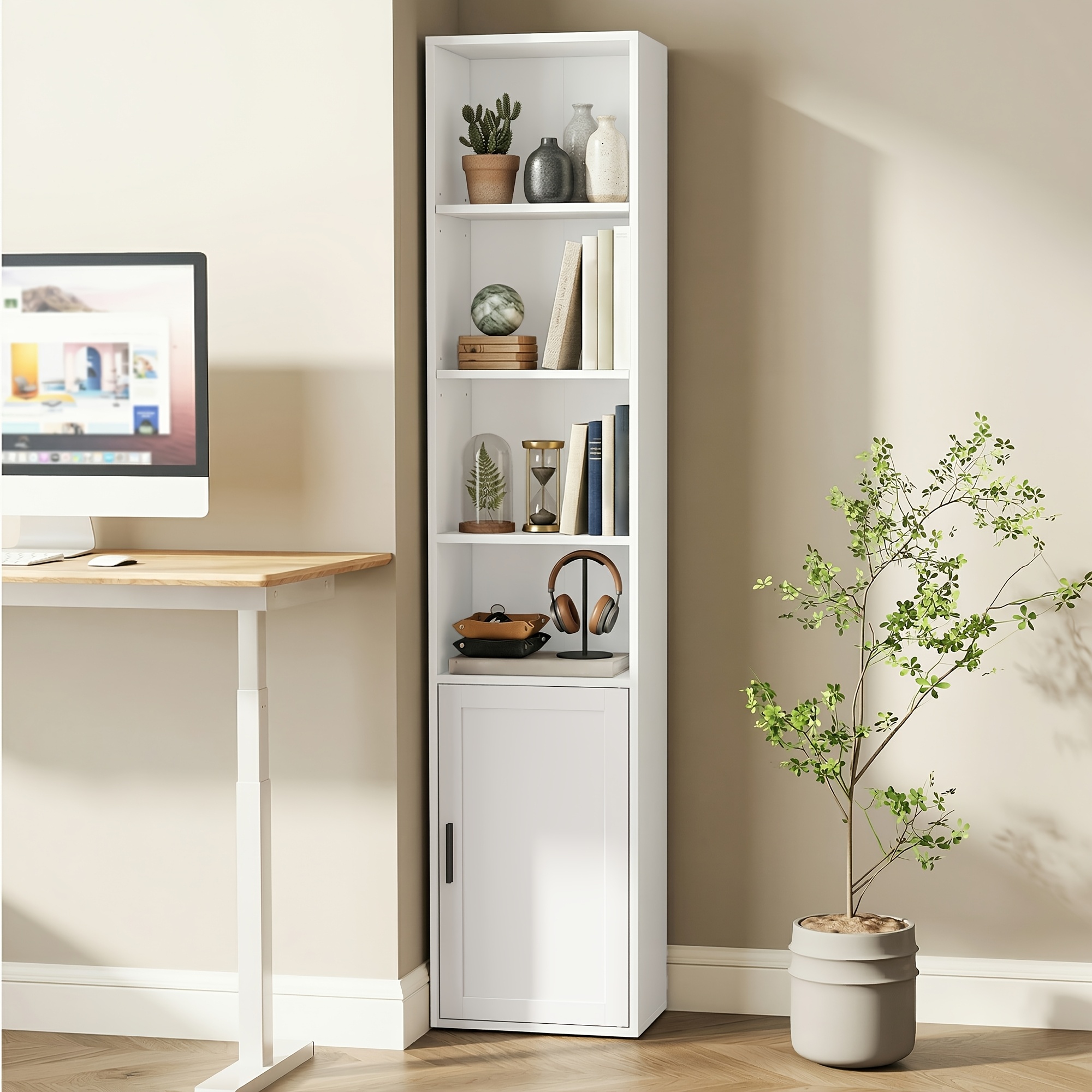 Image of Tall Storage Shelf, 6-tier Shelving Unit With Door, Bookcase For Home Office, Living Room, White, 24 X 31.8 X 175 Cm