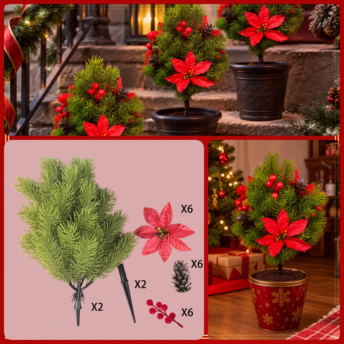 TEMU 2pcs High- Artificial Plants With Artificial Fruits And Flowers, Includes Ground Stakes, Artificial Christmas Tree, Suitable For Home