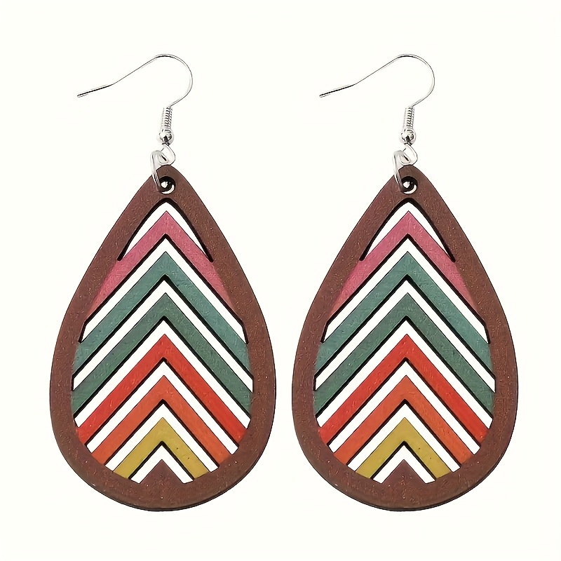 Bohemian Rainbow-Colored Teardrop Geometric Wooden Drop Earrings