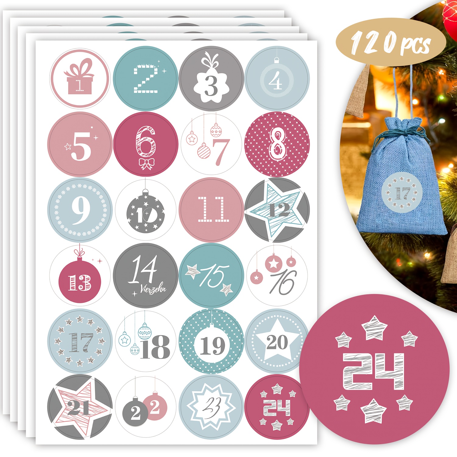 TEMU 120pcs Of Christmas Countdown Calendar Stickers, Featuring 120 Pink, Blue, And Gray Themed Number Stickers From 1 To 24, Designed With Patterns