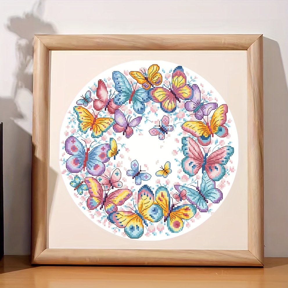 

1set Diy Cross Stitch Kit, Butterfly Ring Pattern Cross Stitch Material Package, Home Decoration Painting For Bedroom, Living Room