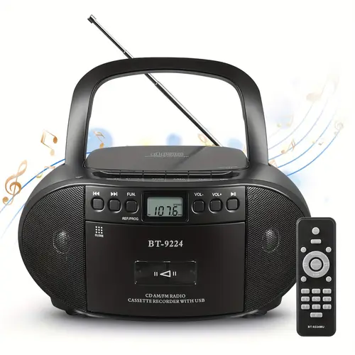 portable cd and cassette player boombox combo tape recorder with remote am fm radio usb with earphone jack 5 1v bt speaker battery operated or ac powered for home