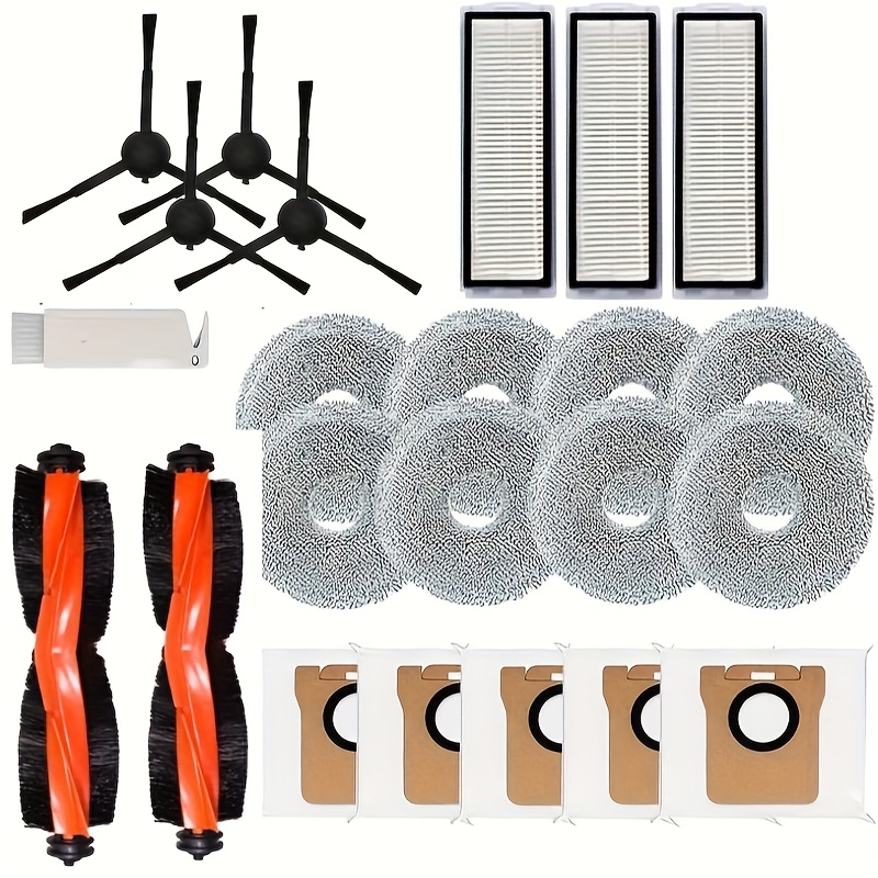 set of 23 replacement components for the for xiaomi x20  20 pro robotic vacuum featuring 2 main brushes 8 mop cloths 3 filters 4 side brushes 5 dust bags and 1 cleaning tool