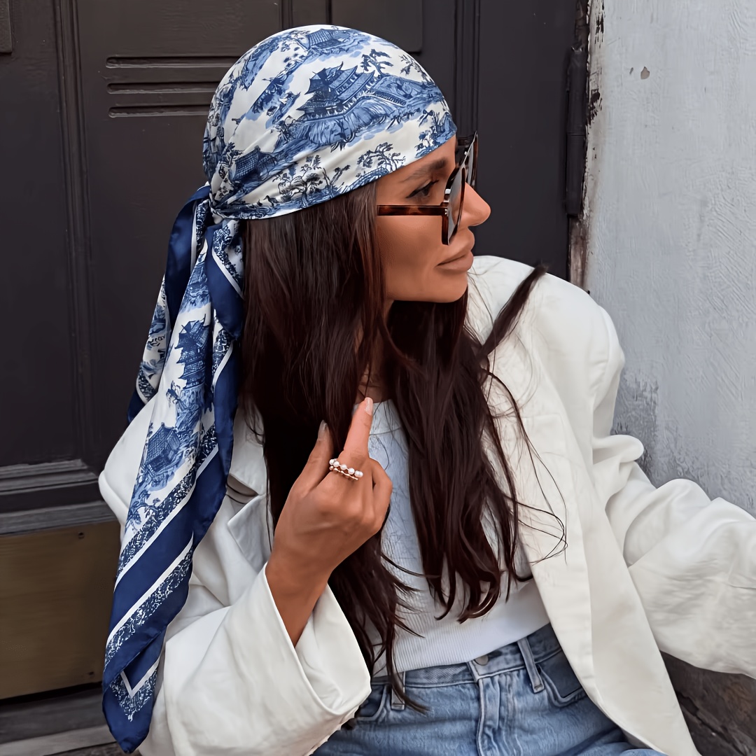 TEMU 1pc Women's 90x90cm Blue White Porcelain Style Landscape Printed Satin Square Scarf, Vintage Headscarf, Multi-functional Hair Accessory/head