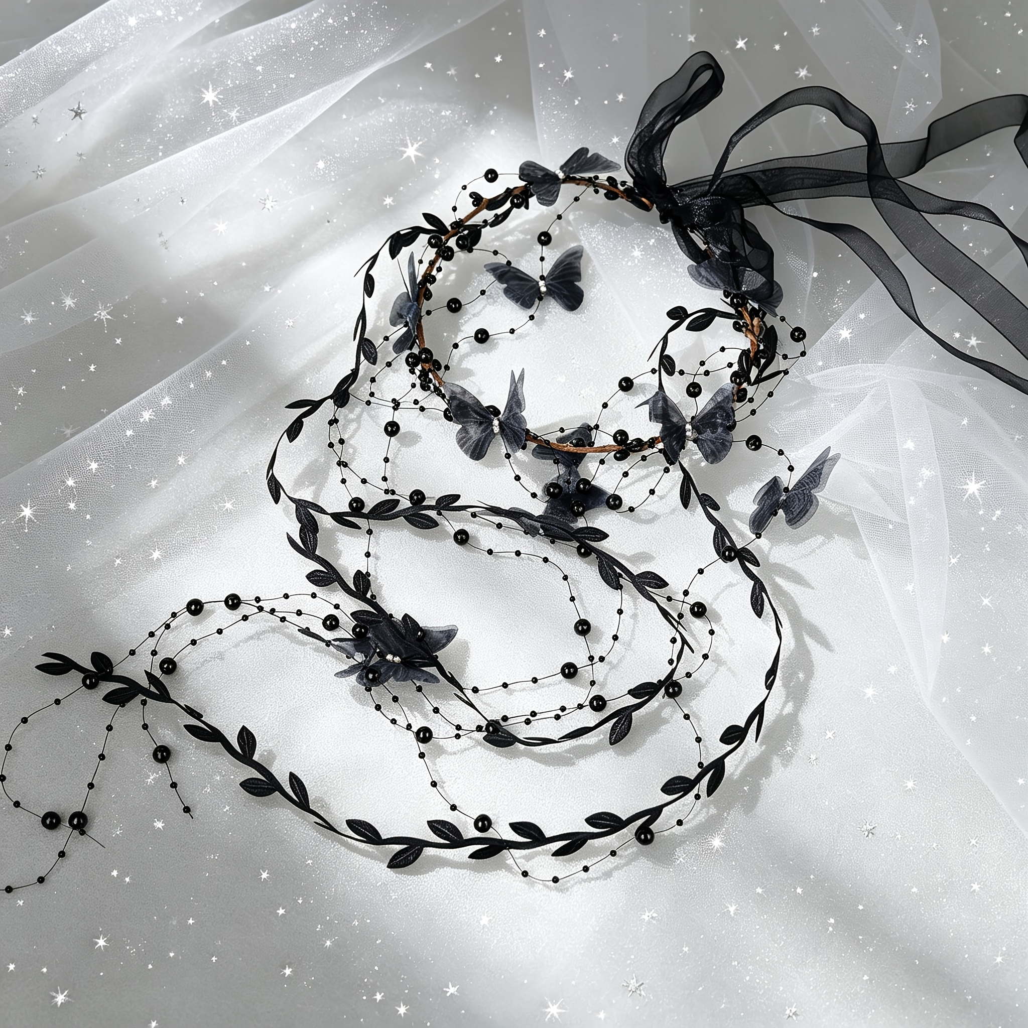 TEMU 1pc Dark Style Black Gauze Simulated Vine Handmade Women's Headband, Gothic Atmosphere Headpiece. Simulated Black Leaves With Sheer Butterflies,
