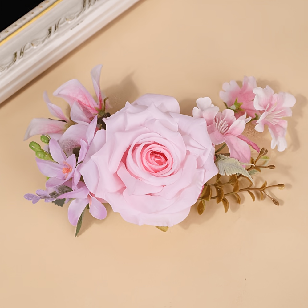 TEMU 1pc Latest Style Pink Rose Artificial Flower Clothing Accessory Side Comb White Large Flower Suitable For Weddings, Photoshoots, Spring , Etc