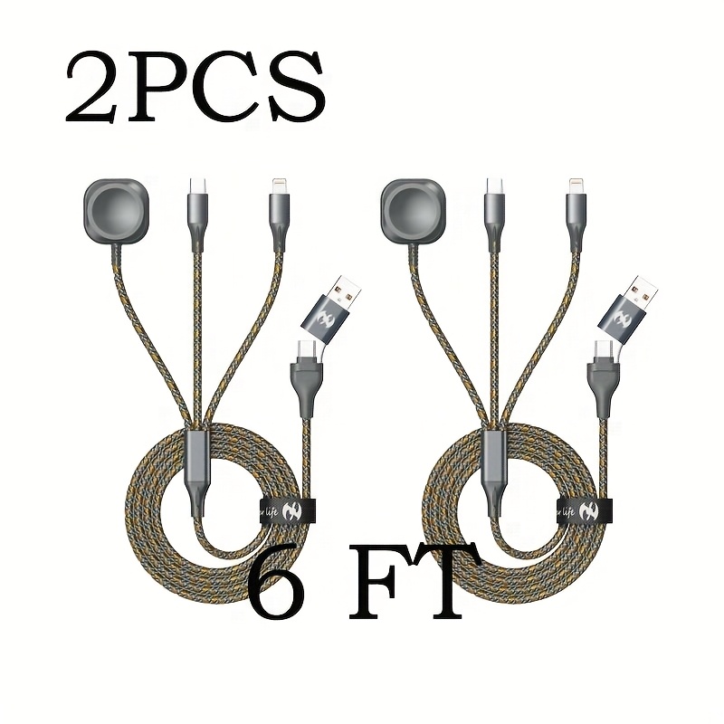 TEMU 2pcs 6ft 3 Multi Charging Cable Black Golden Nylon Braided For Watch Charger Fast Charging, Portable Usb C/a For Iwatch & For Iphone Charger