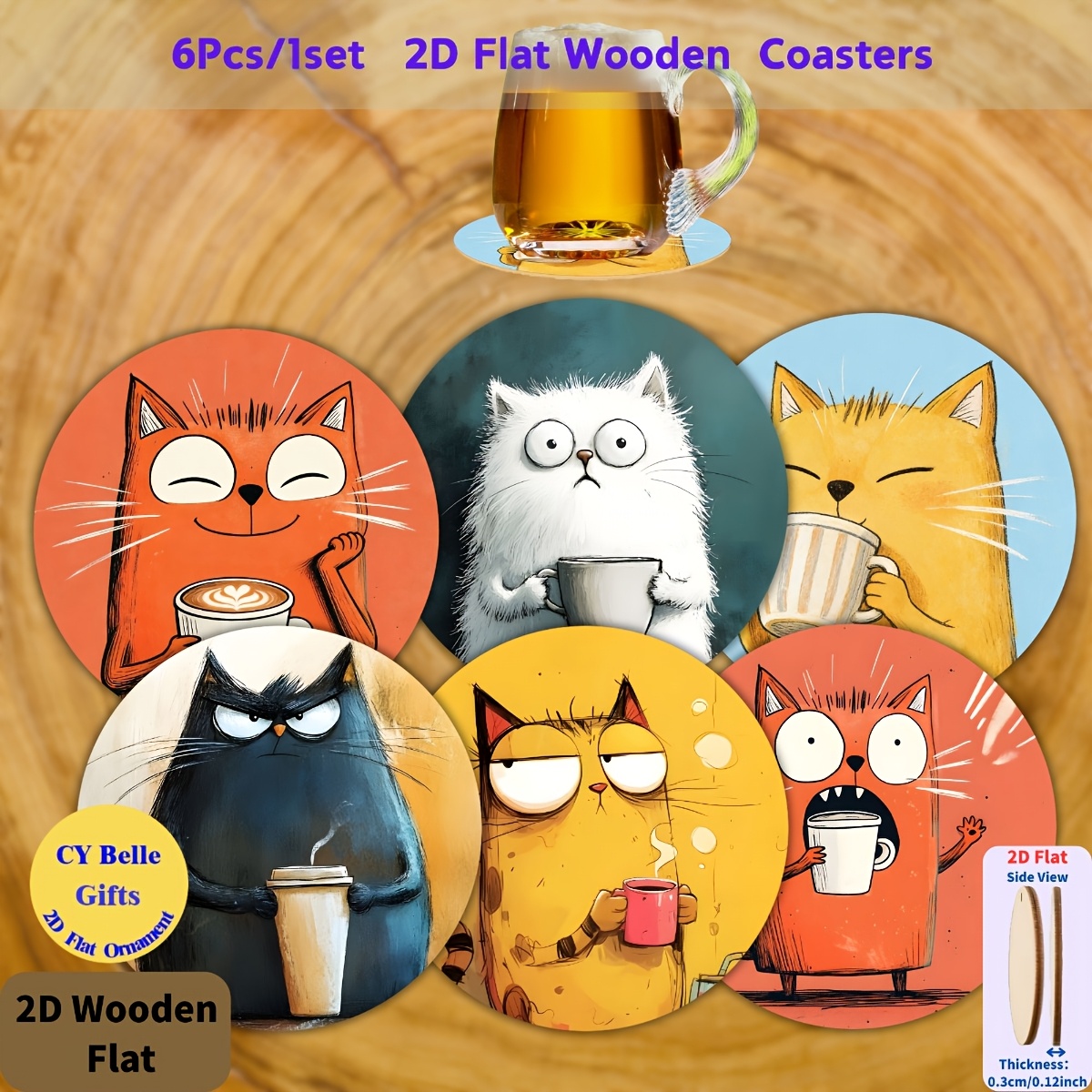 TEMU Wooden Coasters For Drinks, Heat-resistant Drink Coasters, Reusable Non-slip Cup Mat For Home Kitchen Office Table Bar Decor 6pcs