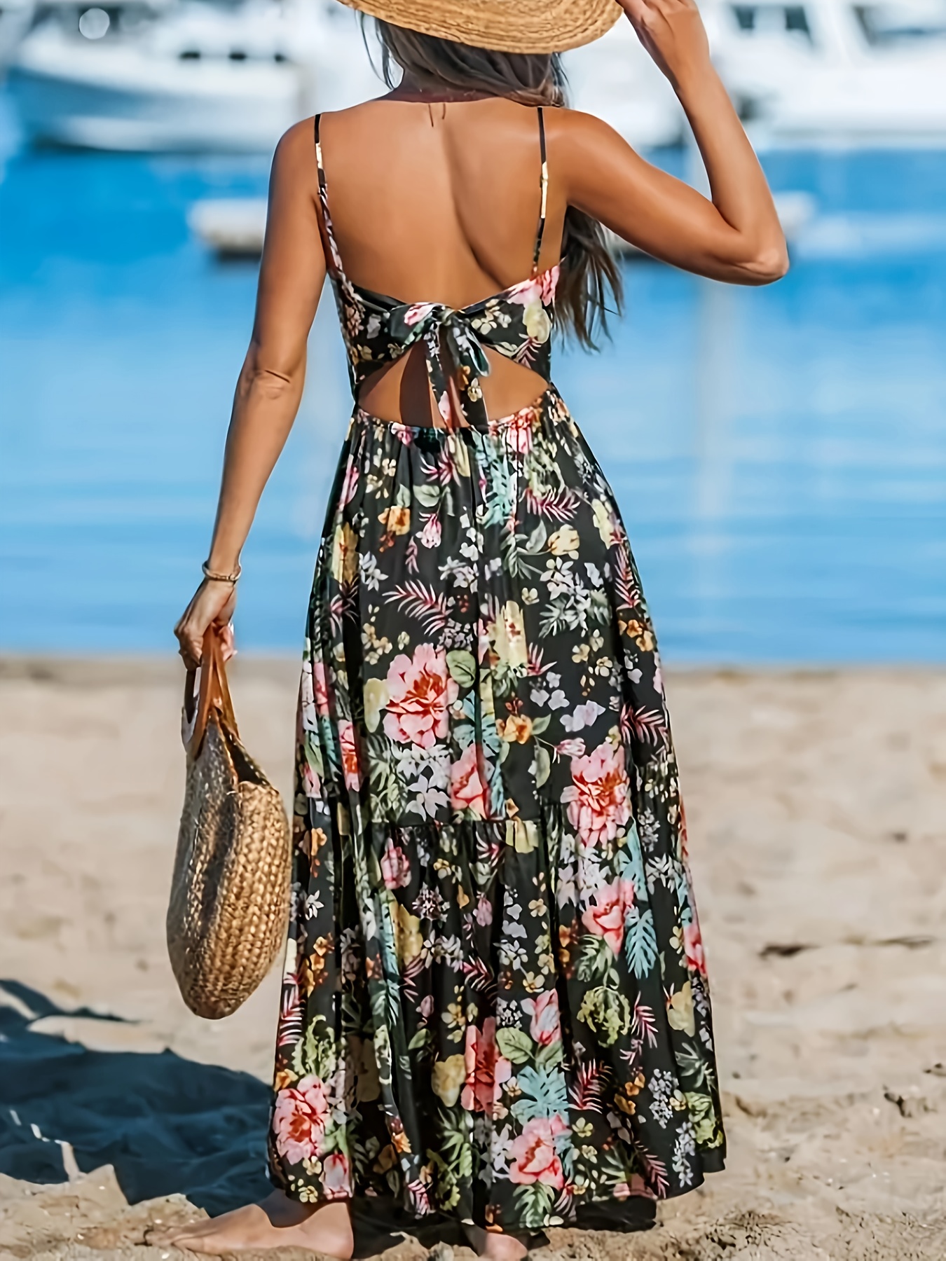 womens black floral long maxi dress open back - Temu Switzerland