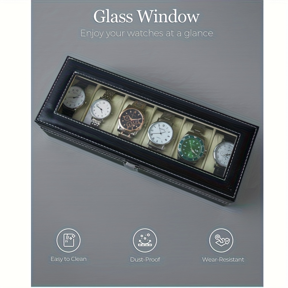 6 slot watch display box storage case with glass lid lockable   organizer cabinet rectangular watch shelf with wood interior for mens womens watch collection for   use Product details 7