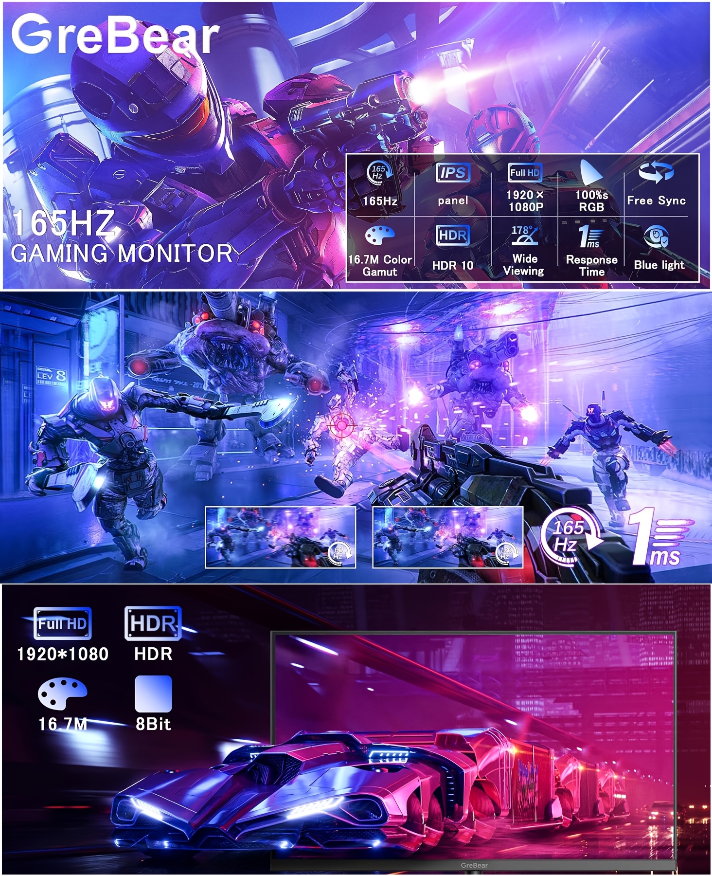 165/144hz ゲーミングモニター 24インチ fhd 1080p ipsスクリーン 1ms 