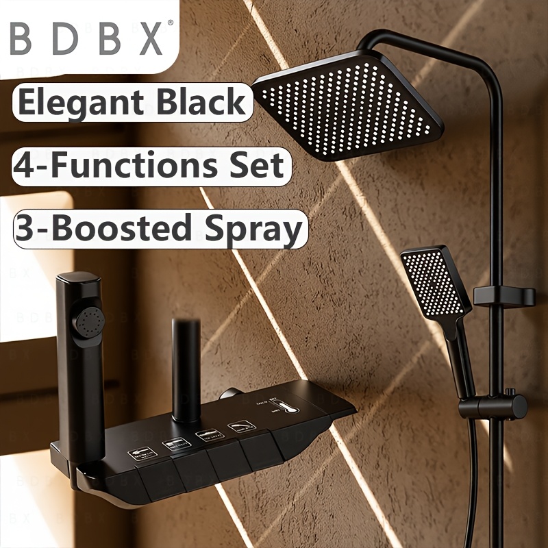 Image of 11" Large Shower System With 4 Piano Keys Control, Matte Black Handheld Spray, Storage Shelf, Complete Bathroom Shower Faucet Set For Shower Use For Shower Use