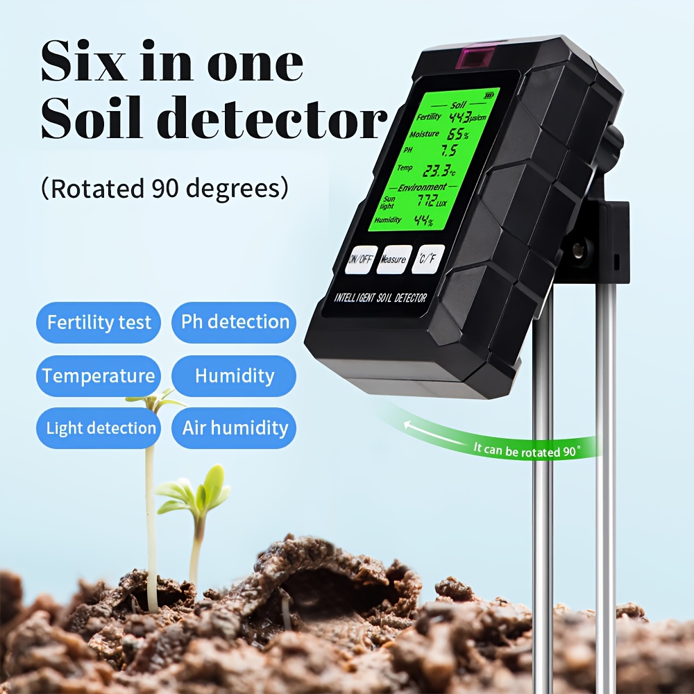 

1pc 6-in-1 Soil Tester Meter, Garden Lawn Farm Indoor Outdoor Soil Moisture Ph Temperature Sunlight Humidity Detection, 9x2.4x2 Inches, Plastic, Dry Battery Powered (battery Not Included)