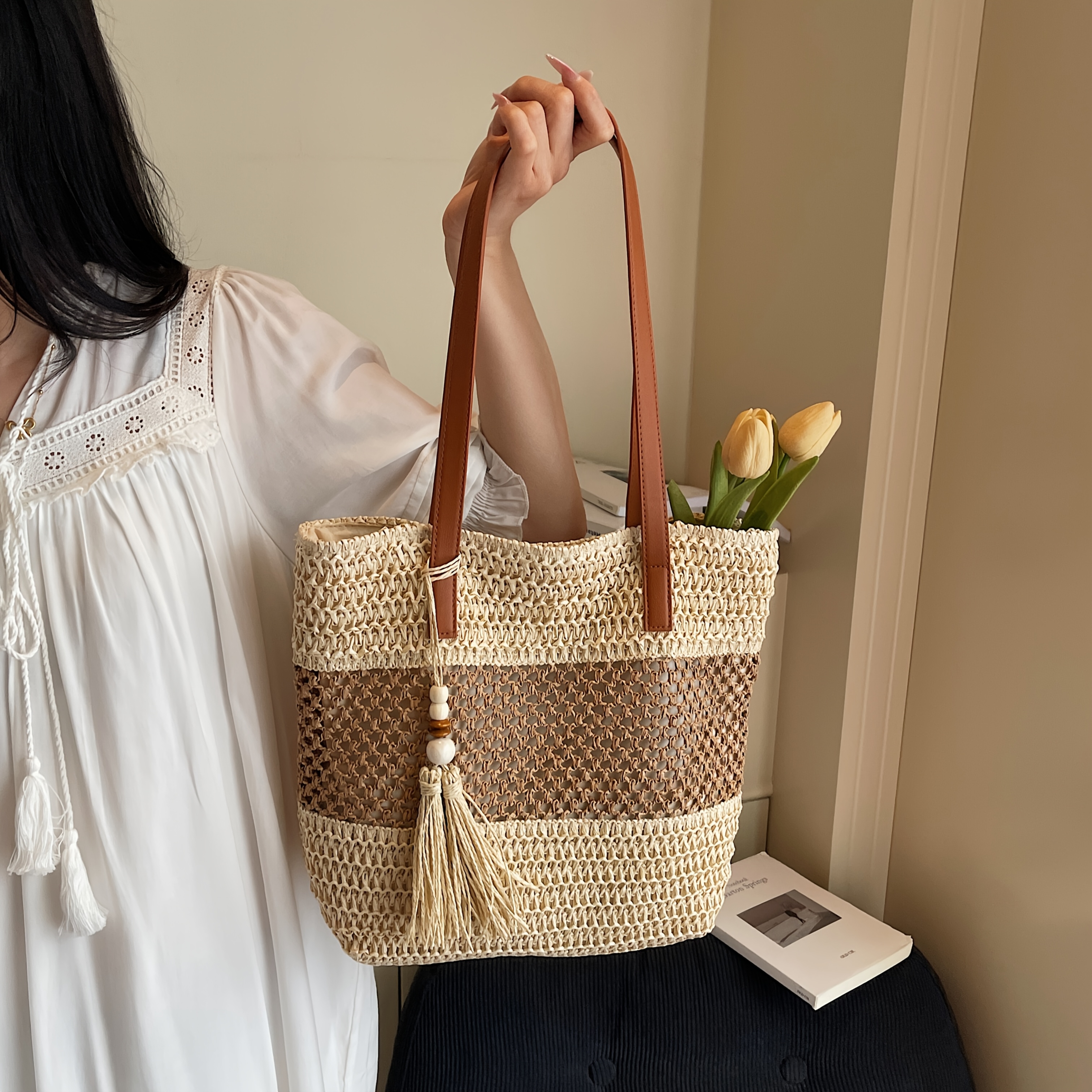 Image of 2026 -block Woven Tote Bag | Bohemian Style Women'-shoulder Bag Features Hand-woven Weave, With Wide Shoulder Straps For And No The Shoulders. Tassel Accents Add A Detail. Its Large Capacity