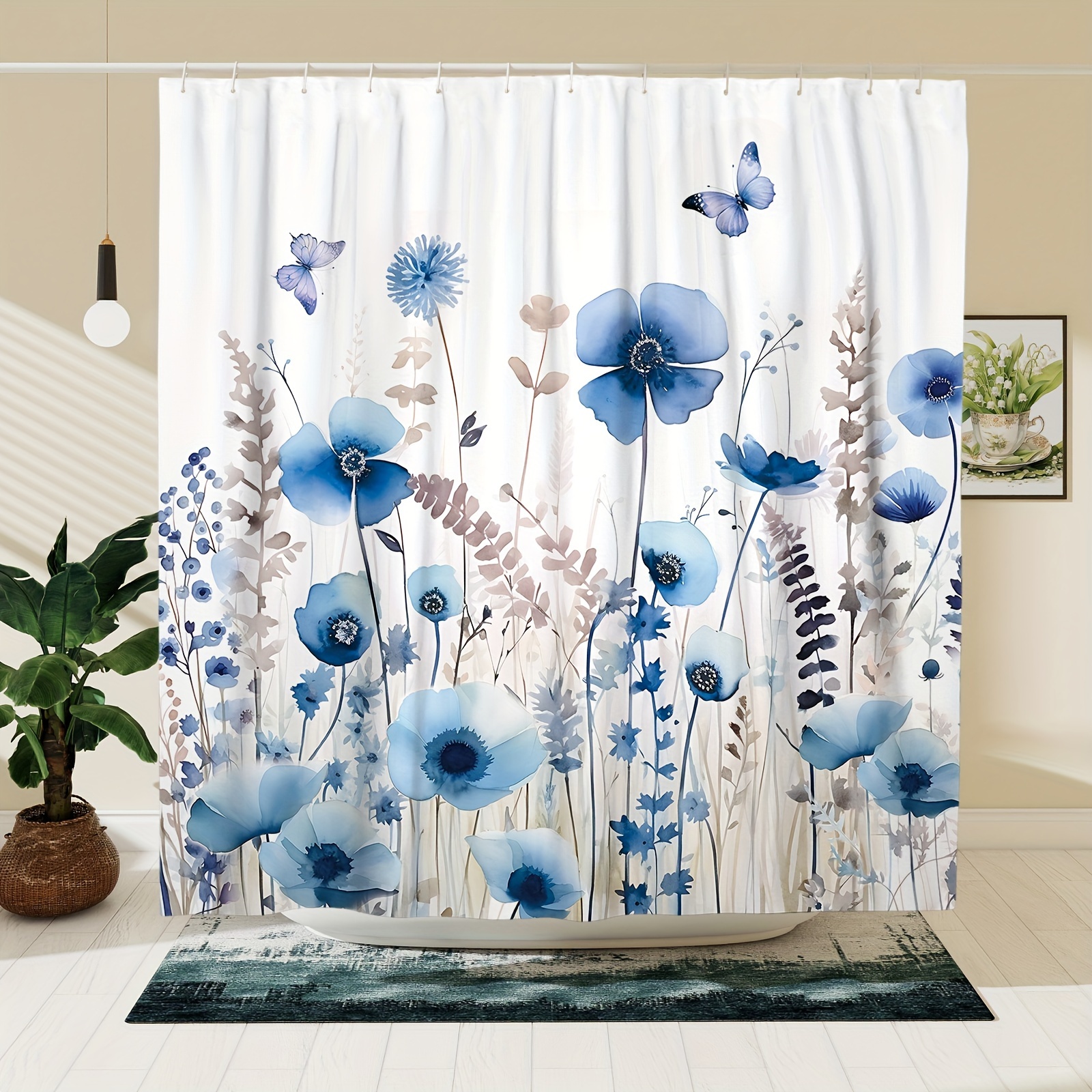 

1pc Blue Floral Pattern Shower Curtain, Waterproof Shower Curtain With Hooks, Bathtub Partition, Suitable For Spring Bathroom Bathtub Decoration, Bathroom Accessories