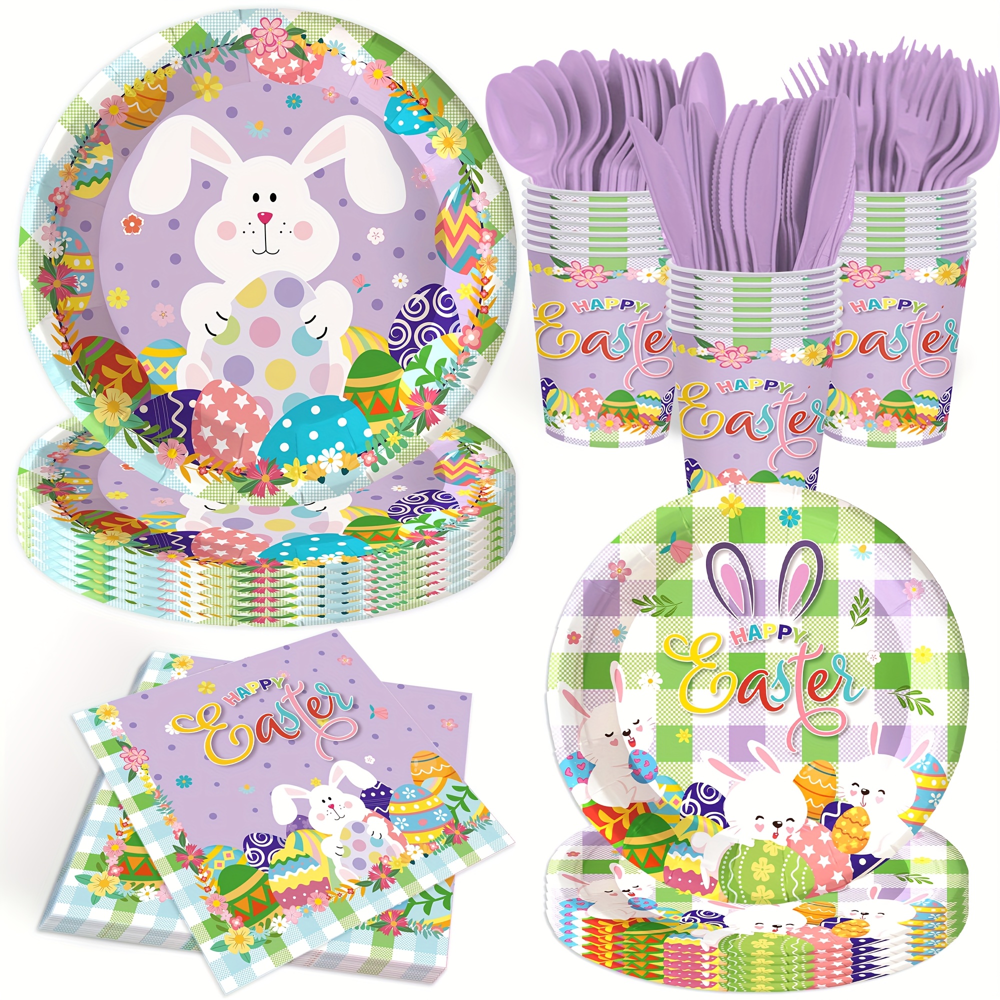 TEMU 140pcs, Party Decorations Tableware Set, Bunny Colorful Eggs Disposable Plates And Napkins Easter Party Supplies Rabbits Paper Plates, Serves For 20 Guest