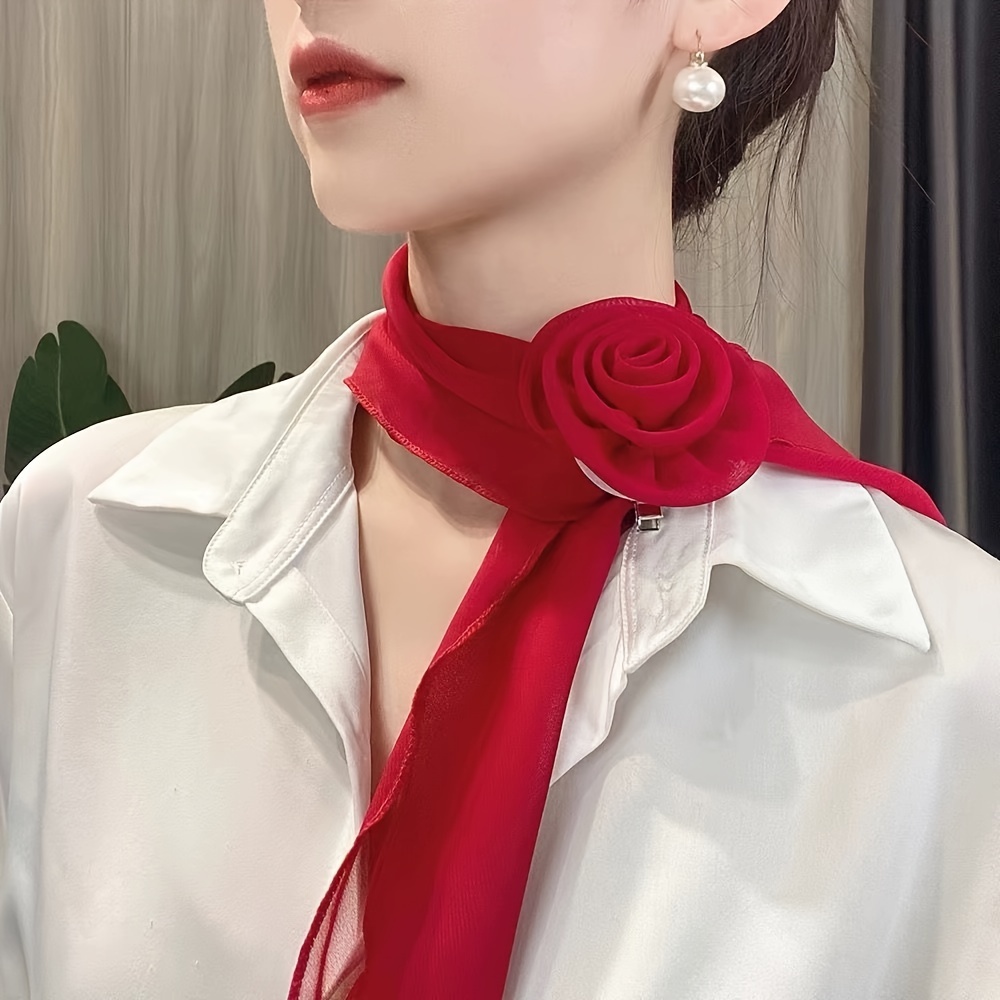 TEMU Elegant Rose Scarf - Solid Color Non-stretch Neck Wrap & Hair Accessory Suitable For Dance, Weddings, Parties - Hand Washable Spring Summer