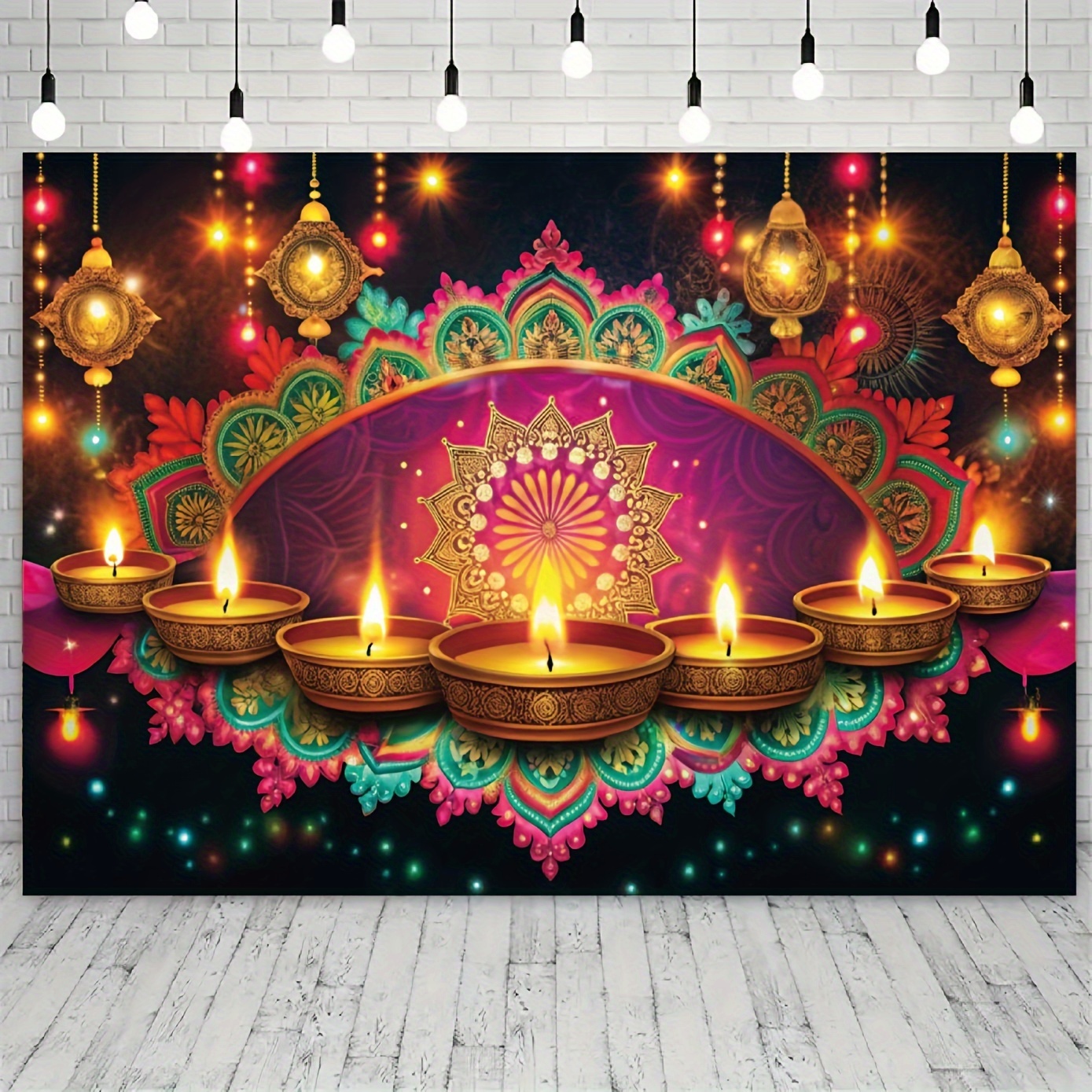 

Vinyl Diwali Festival Photobooth Backdrop With Candles And Hanging Lanterns - , Photo Prop For Party And Home Decor - No Feathers, 1 Piece