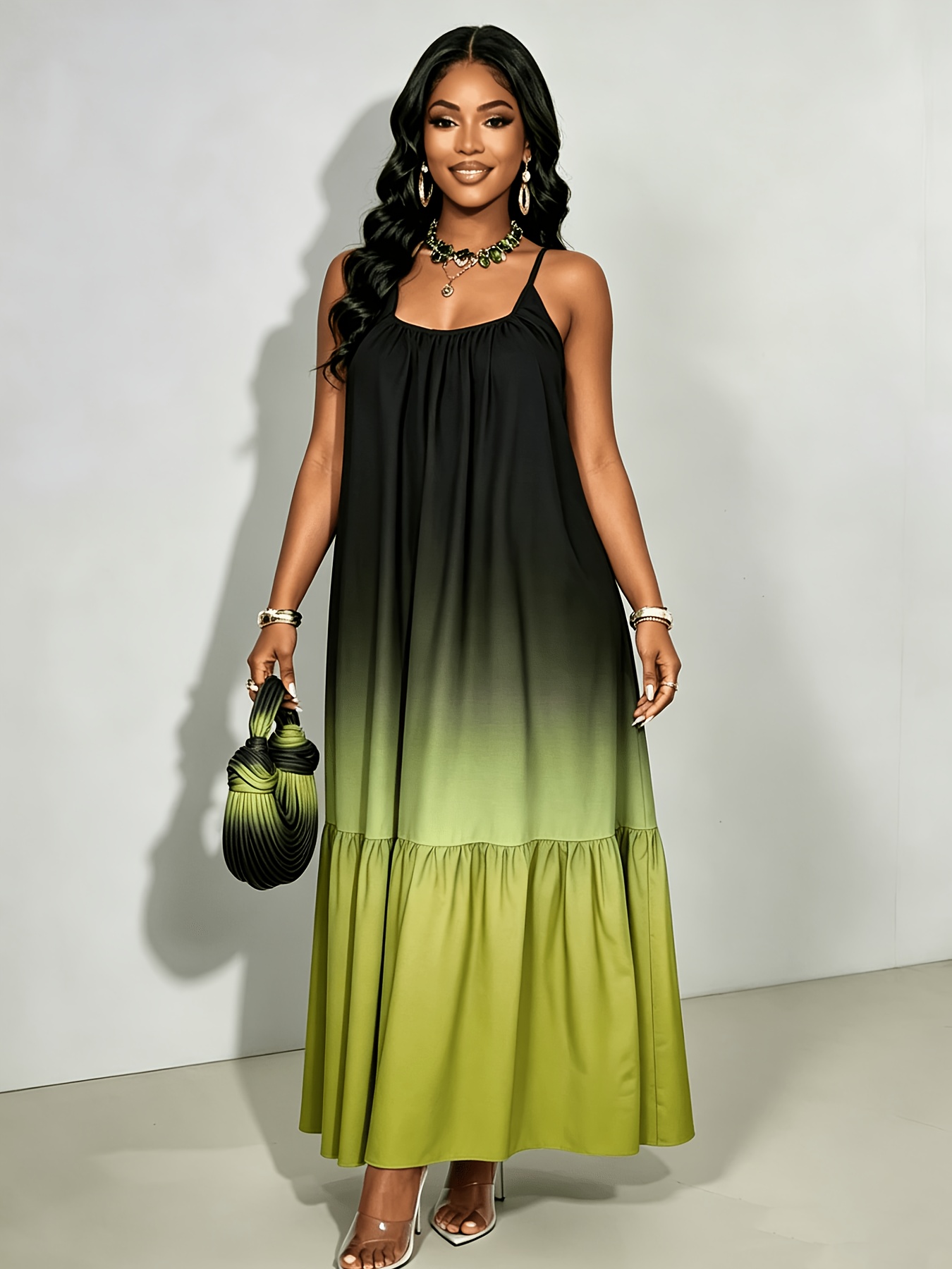 Women'S Black Green Gradient Spaghetti Strap A-Line Maxi Dress, Vacation  Chic Style! Spaghetti Strap Design Modifies Shoulder And Neck Lines,  Backless Ruched * Dynamic And Unique, A-Line Flared ...