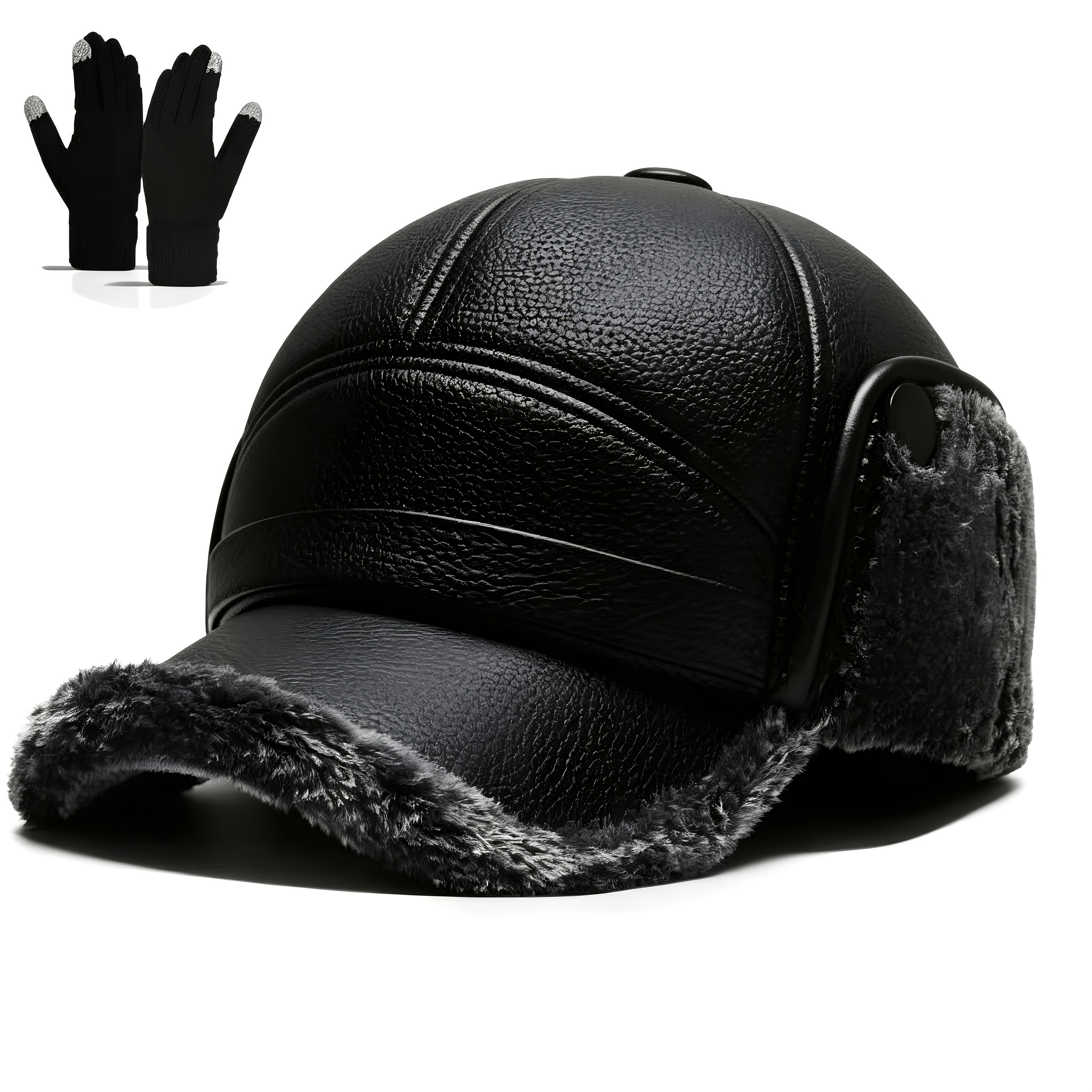 TEMU 2pcs Set (fleece-lined Ear-protecting Leather Hat And Touchscreen Leather Hat) With Fleece-lined Ear Protection And Faux Leather Windproof Shell
